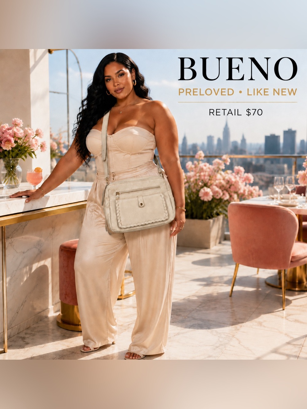BUENO Cream/Tan leather Crossbody Bag with Front Pocket